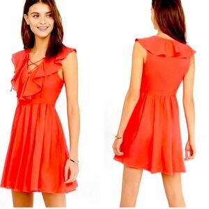 Express Dress Womens Size 2 lace up V Neck Ruffle   Red Fit and Flare Mini New
